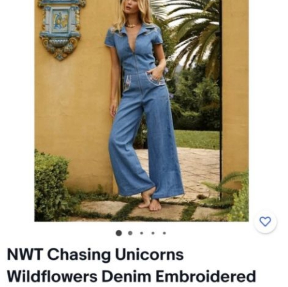 Chasing Unicorns Light Blue Denim Embroidered Wide-Leg Jumpsuit